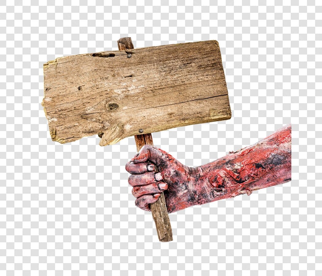 Elemento Gráfico Mão Zumbi com Placa de Madeira Vazia Halloween PNG com fundo transparente
