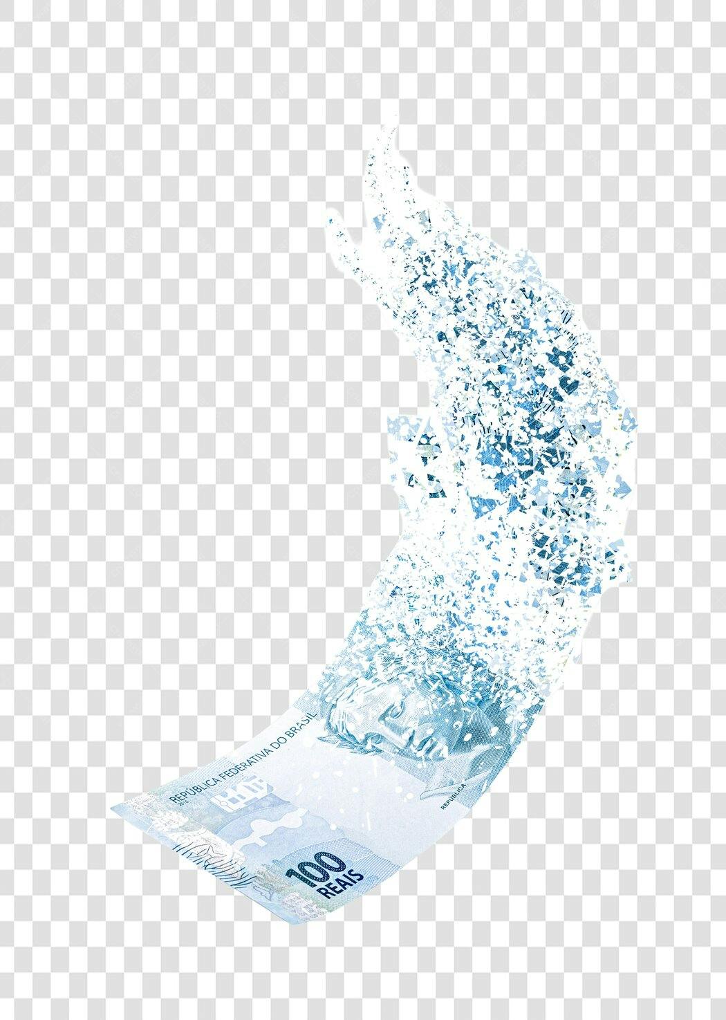 Elemento gráfico Nota 100 Reais desintegrando dinheiro volatil Azul PNG com fundo transparente