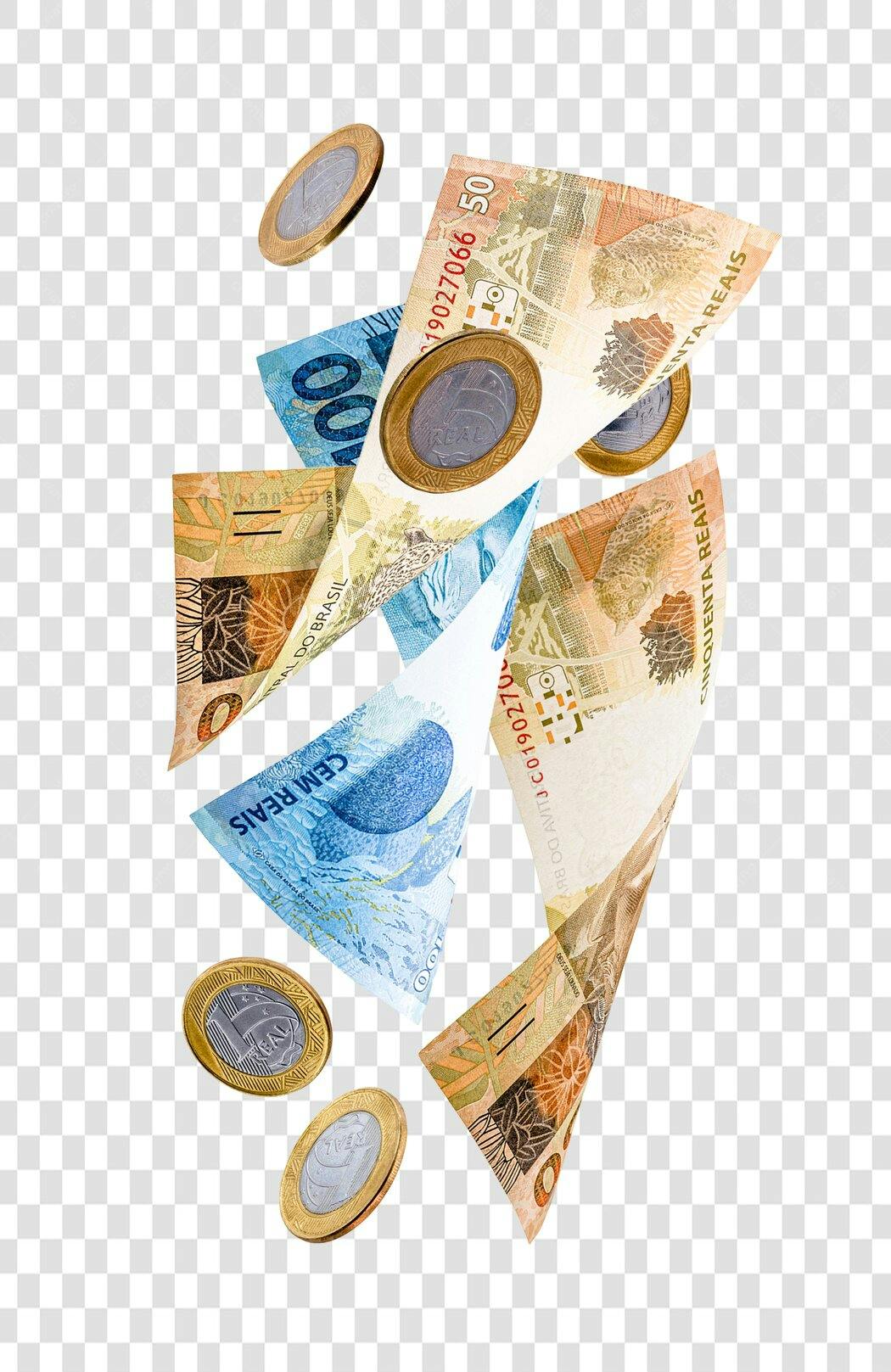 Elemento Gráfico Dinheiro Brasileiro Reais e Moedas Flutuando PNG com fundo transparente