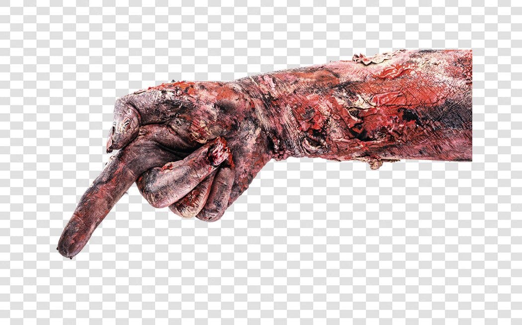Ilustração Mão de Zumbi ensanguentada apontando para Halloween e horror PNG com fundo transparente