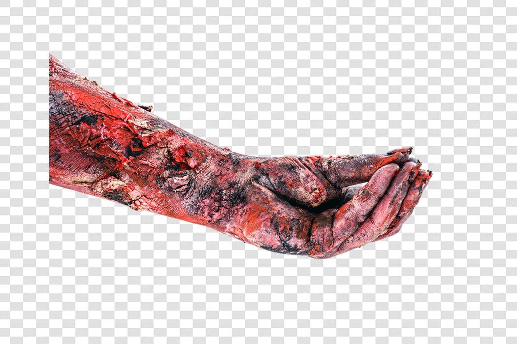 Ilustração braço zumbi queimado e sangrento Halloween PNG com fundo transparente