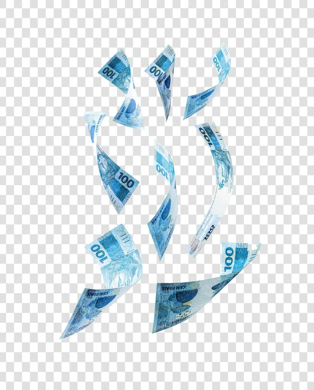 Efeito Dinheiro Caindo Notas de 100 Reais Azuis PNG com fundo transparente