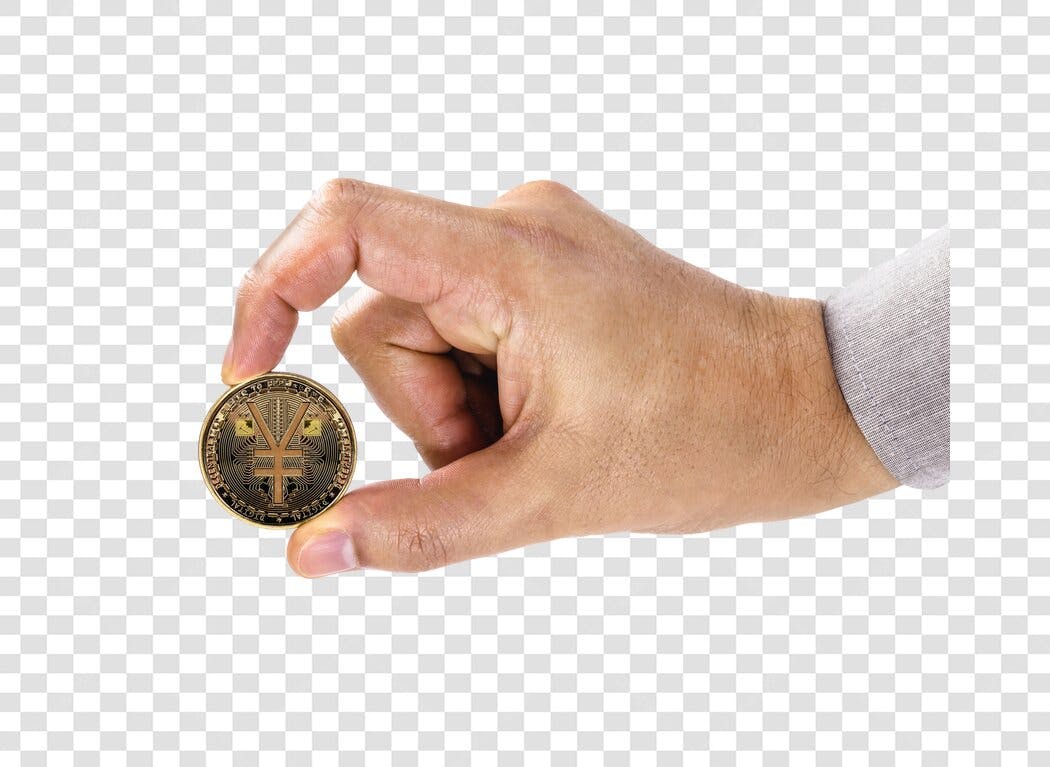 Elemento Gráfico Mão Segurando Moeda Digital Dourada com Símbolo Yuan Yen PNG fundo transparente
