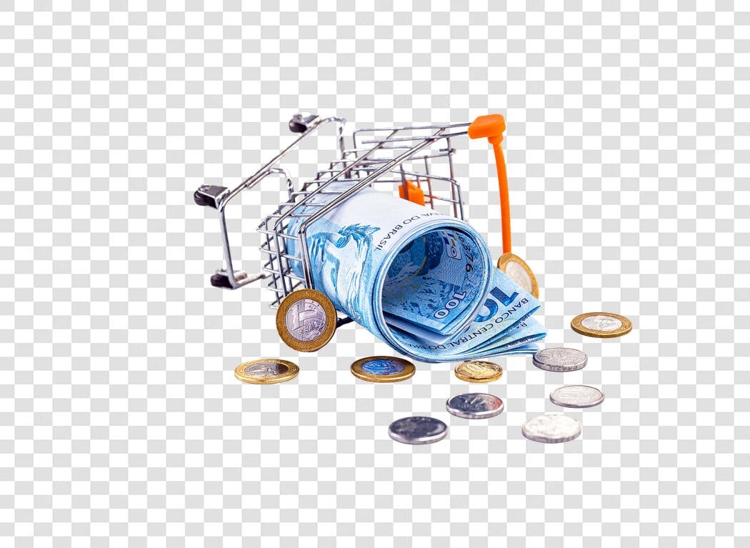 O carrinho de compras com notas de 100 Reais e moedas PNG com fundo transparente
