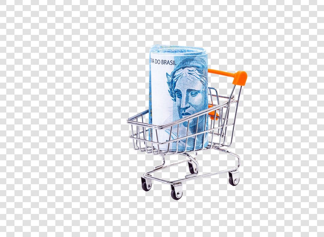 Icone de compras notas de Real em carrinho miniatura PNG com fundo transparente