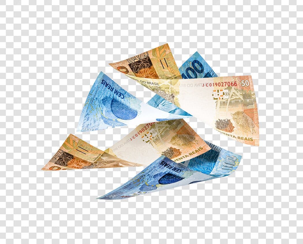 Elemento gráfico Notas de Reais Brasileiras Flutuando Dinheiro PNG com fundo transparente