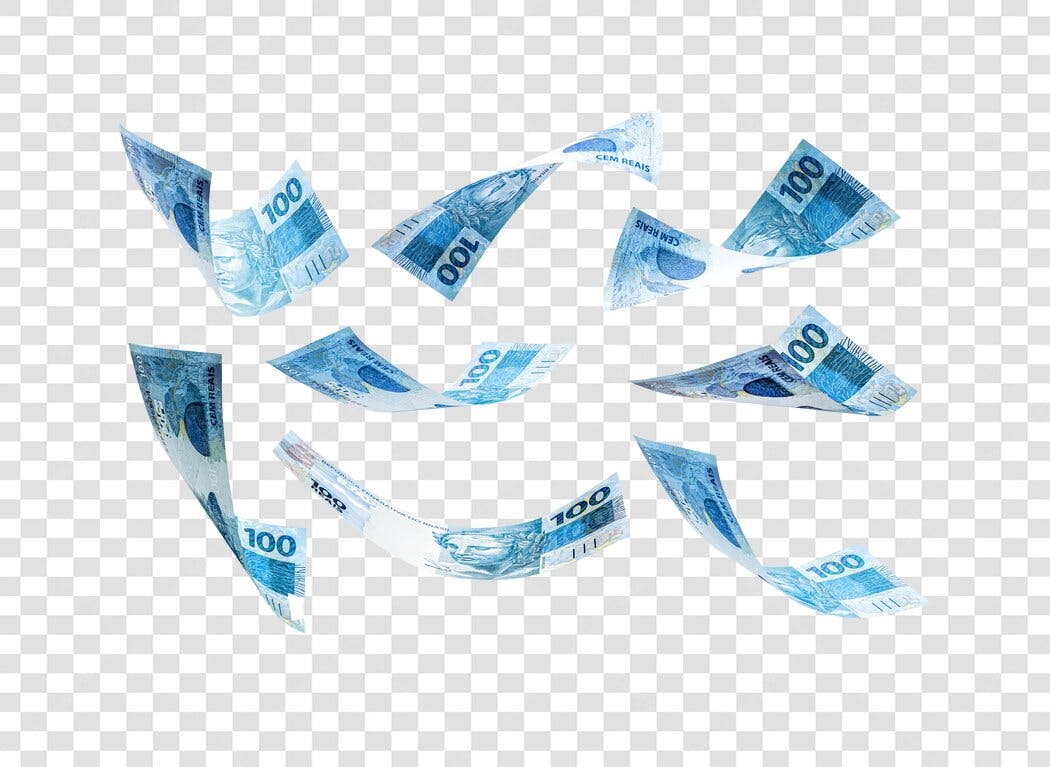 Ilustração Notas de Reais azuis caindo dinheiro finanças riqueza PNG com fundo transparente
