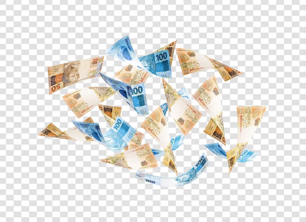 Ilustração de dinheiro brasileiro caindo para finanças promoções PNG fundo transparente