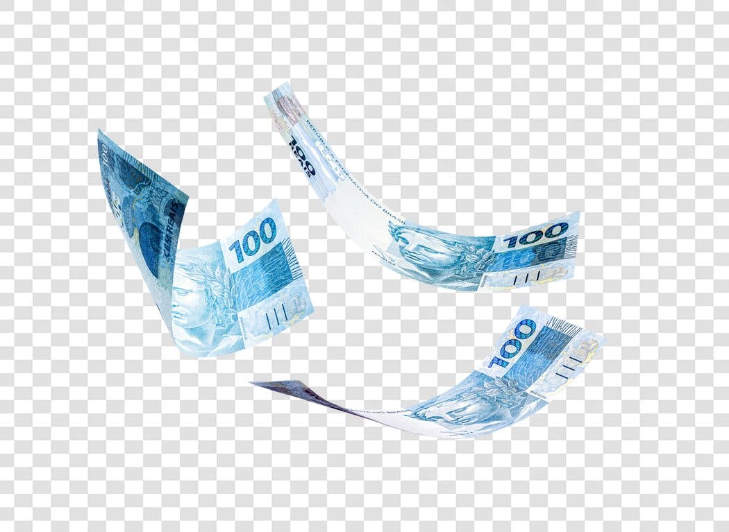 Cédulas 100 Reais Azuis Voando PNG para Marketing Financeiro Fundo Transparente