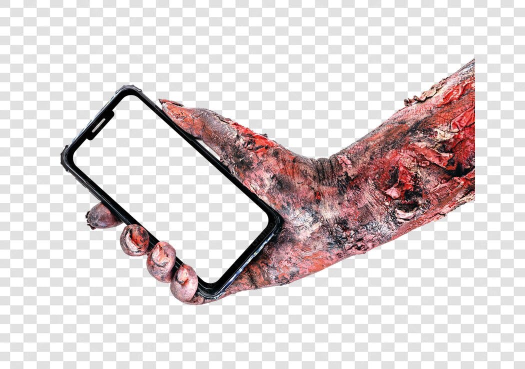 Imagem Mão Zumbi Segurando Celular Halloween Decaído Vermelho PNG com fundo transparente