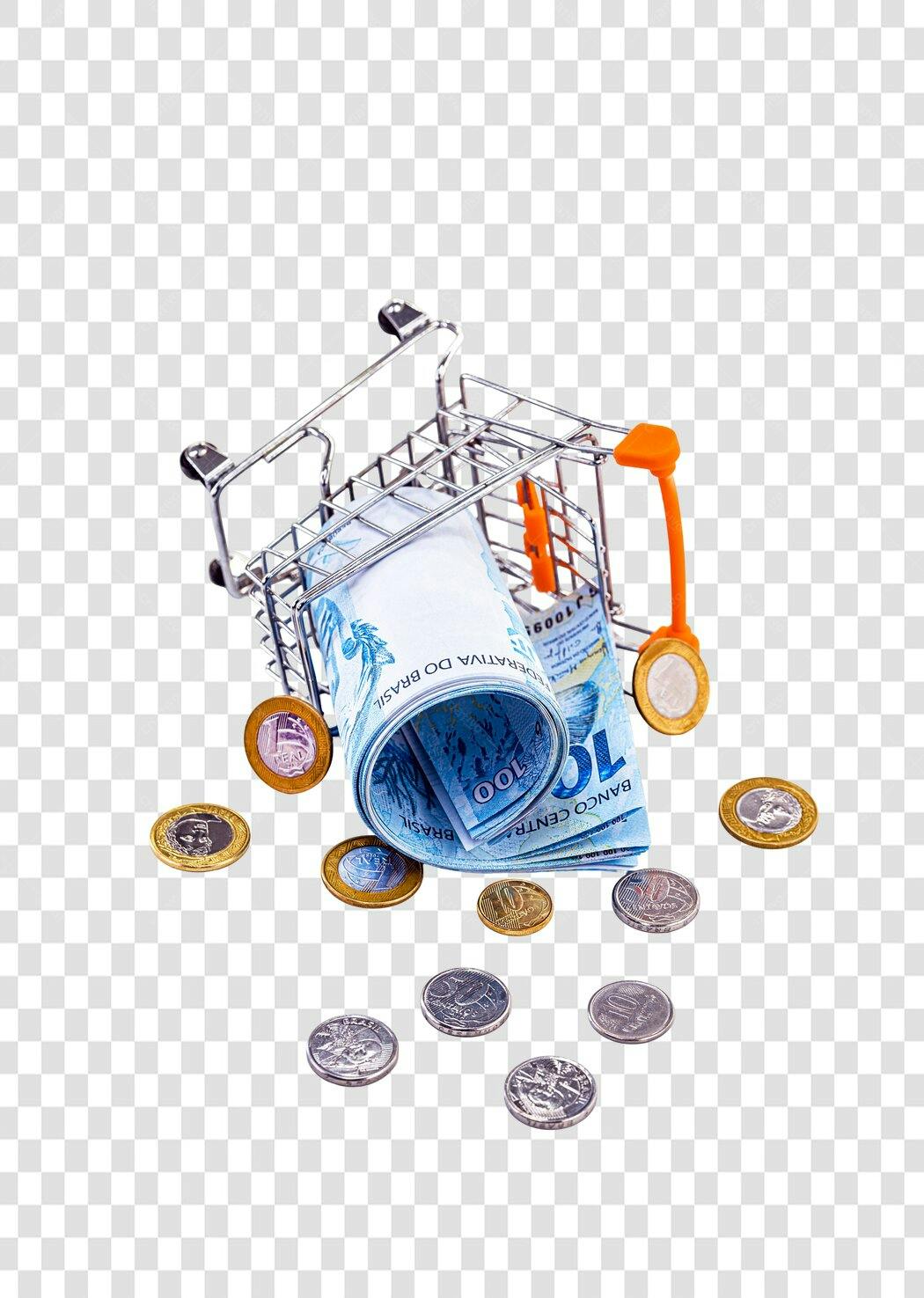 Gráfico de compras dinheiro real e moedas brasileiras carrinho PNG com fundo transparente