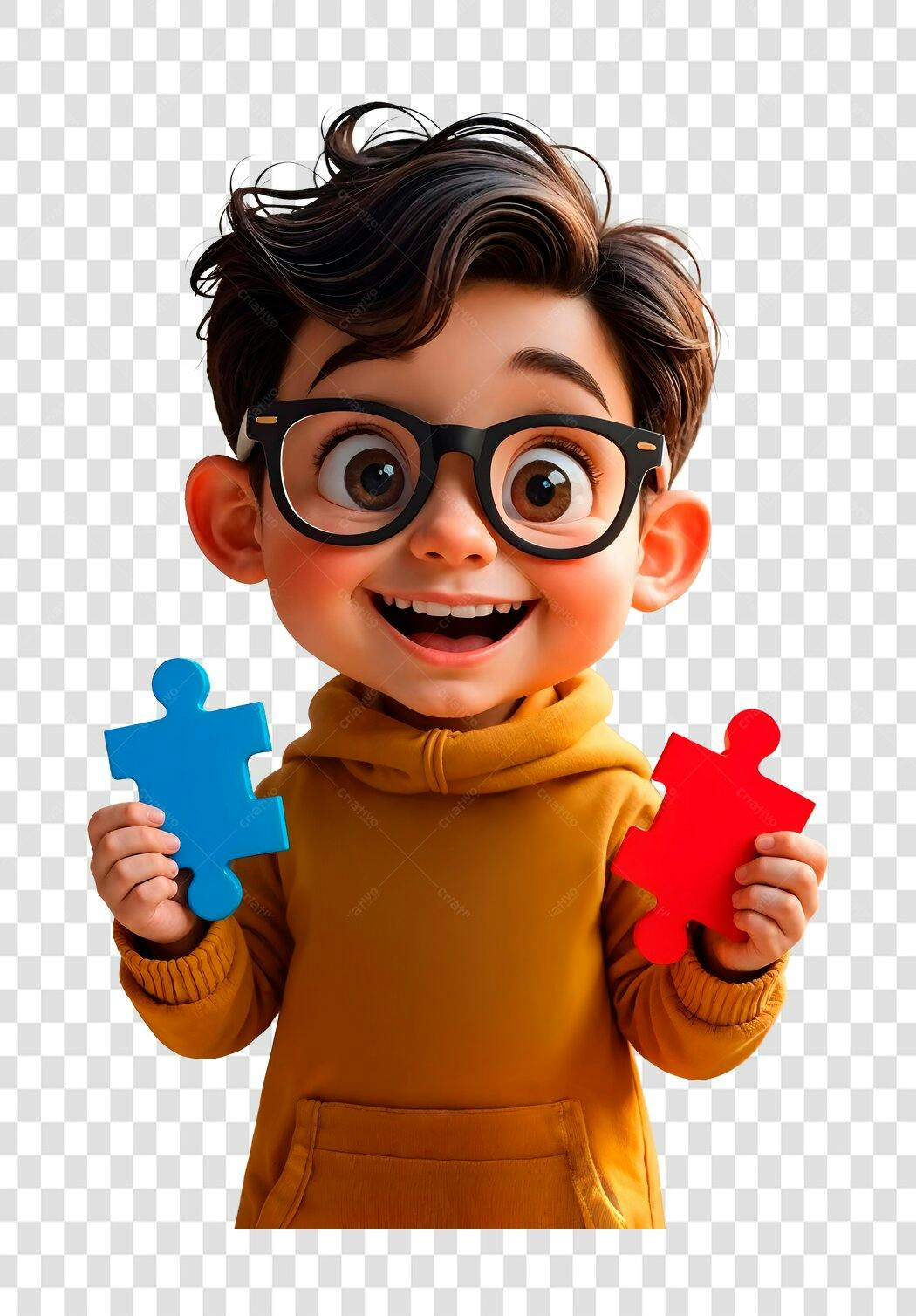 Ilustração Conscientização Autismo Menino Feliz Óculos Quebra-Cabeça Azul Vermelho PNG com fundo transparente