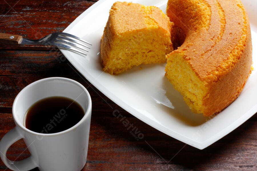 Bolo de milho fatiado com café em xícara branca e garfo sobre mesa de madeira rústica