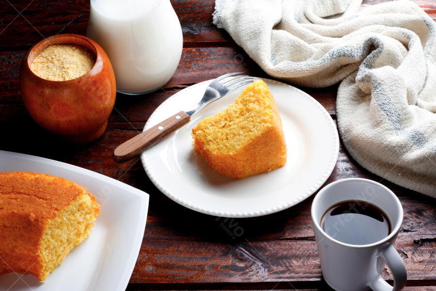 Bolo de milho dourado com café e leite em mesa rústica