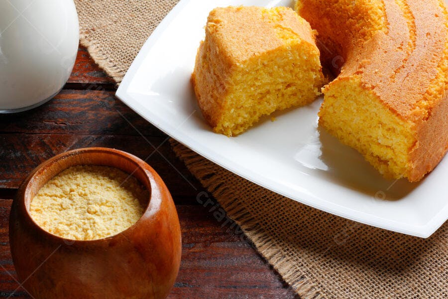 Bolo de fubá com fatia cortada, fubá e leite na mesa rústica