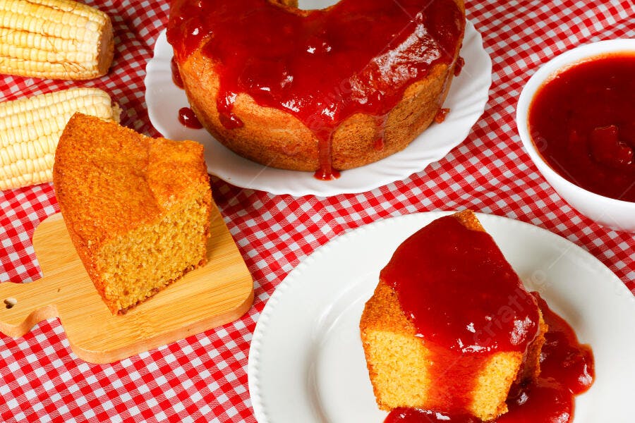 Bolo de fubá com calda de goiabada e espigas de milho em toalha xadrez