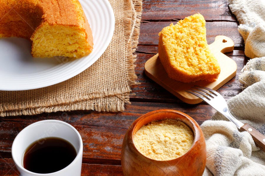 Bolo de fubá com café e fubá em tigela de madeira na mesa rústica