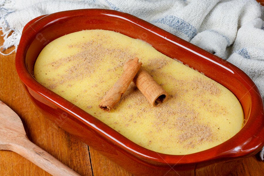 Curau de milho cremoso com canela em tigela rústica de cerâmica