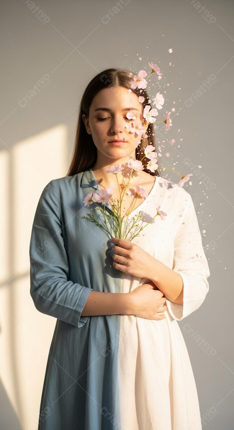 Mulher jovem de olhos fechados segurando flores rosa e efeito artístico surreal
