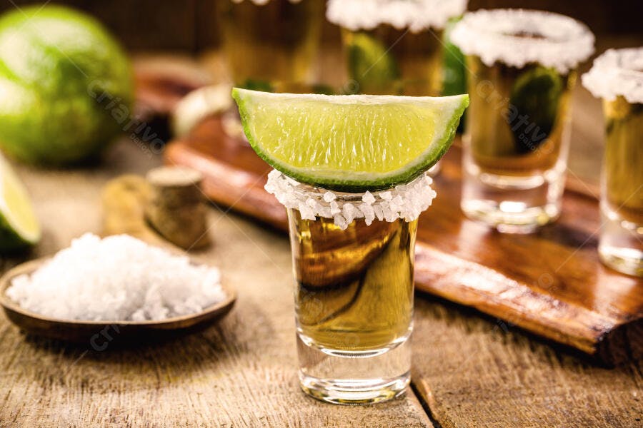 Tequila shots com limão e sal em mesa de madeira rústica bebida dourada verde branca