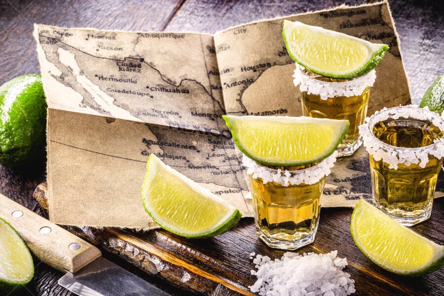 Três doses de tequila com sal e limão sobre mapa do México em mesa rústica