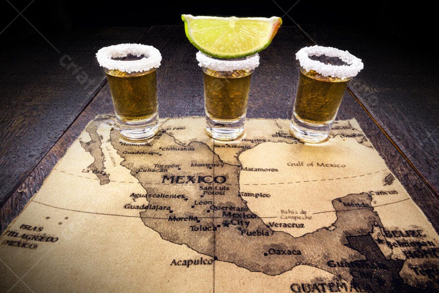 Três shots de tequila com sal e limão sobre mapa do México em mesa de madeira