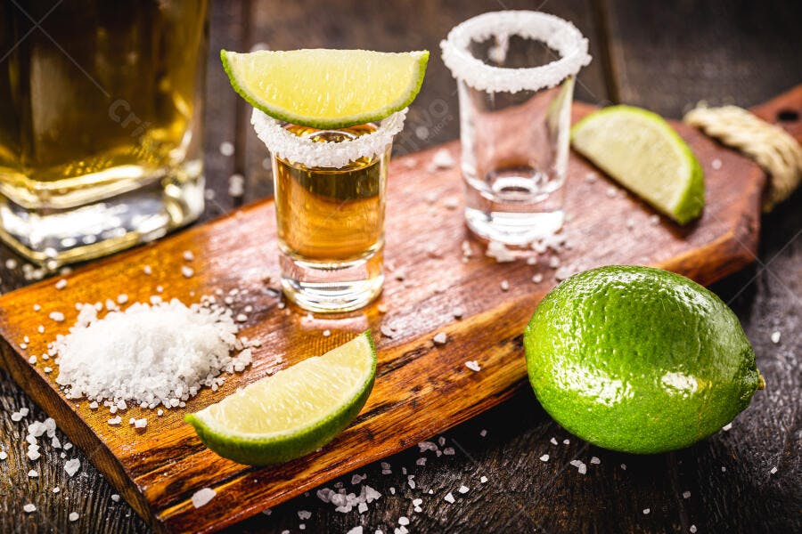 Tequila shots com limão e sal em tábua de madeira rústica