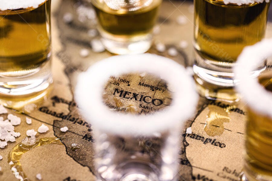 Doses de tequila dourada com sal em mapa antigo do México