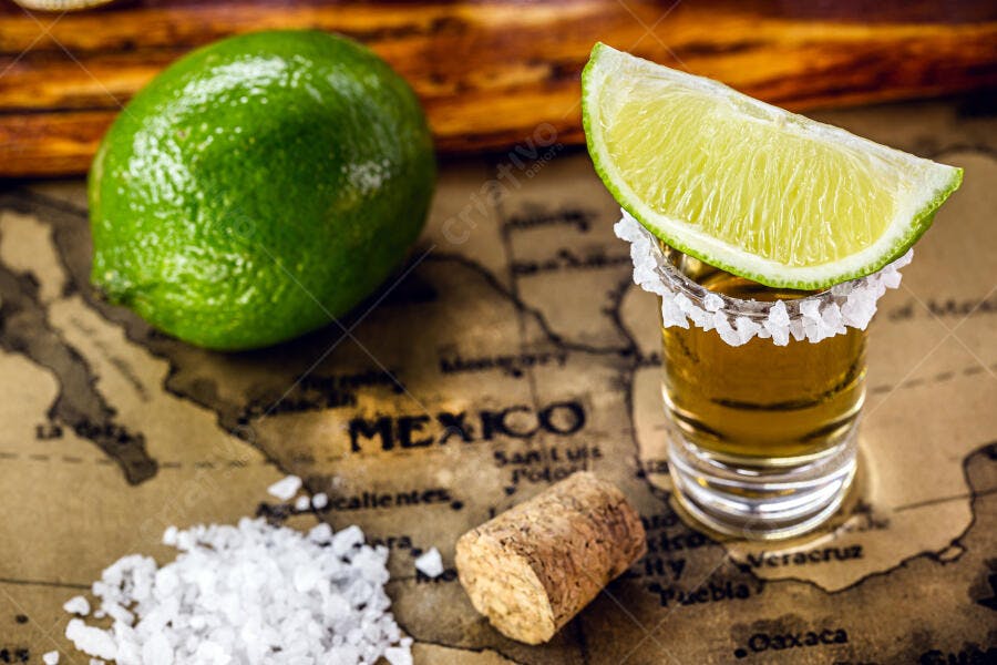 Tequila shot com limão e sal em mapa rústico do México bebida mexicana
