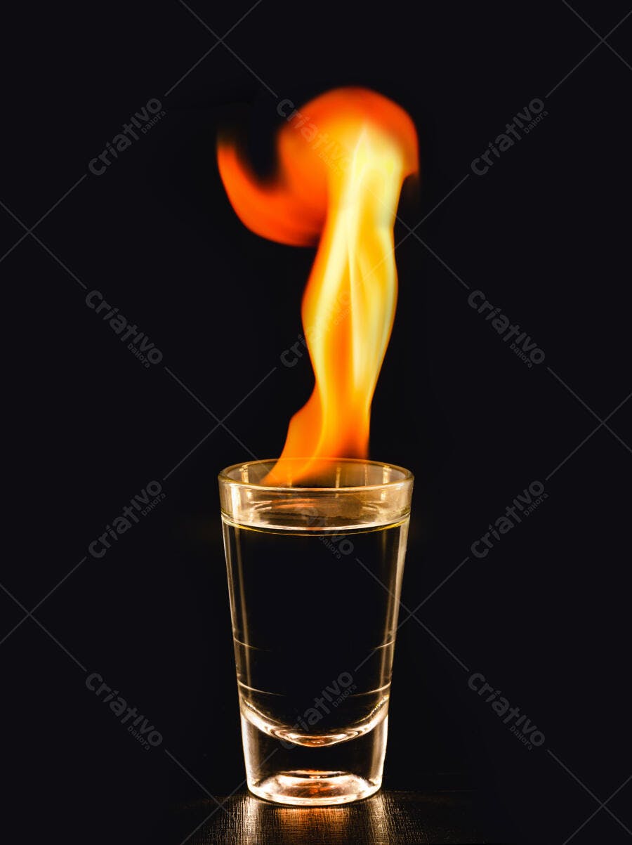 Bebida flamejante em copo de shot vidro fundo preto celebração dramática