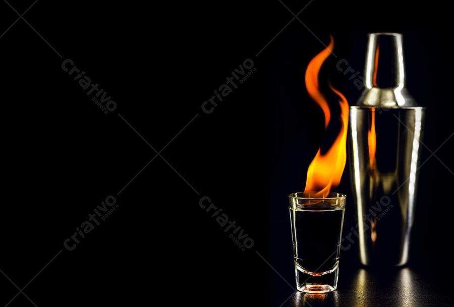Copo de shot com bebida flamejante chamas laranja e coqueteleira em fundo escuro