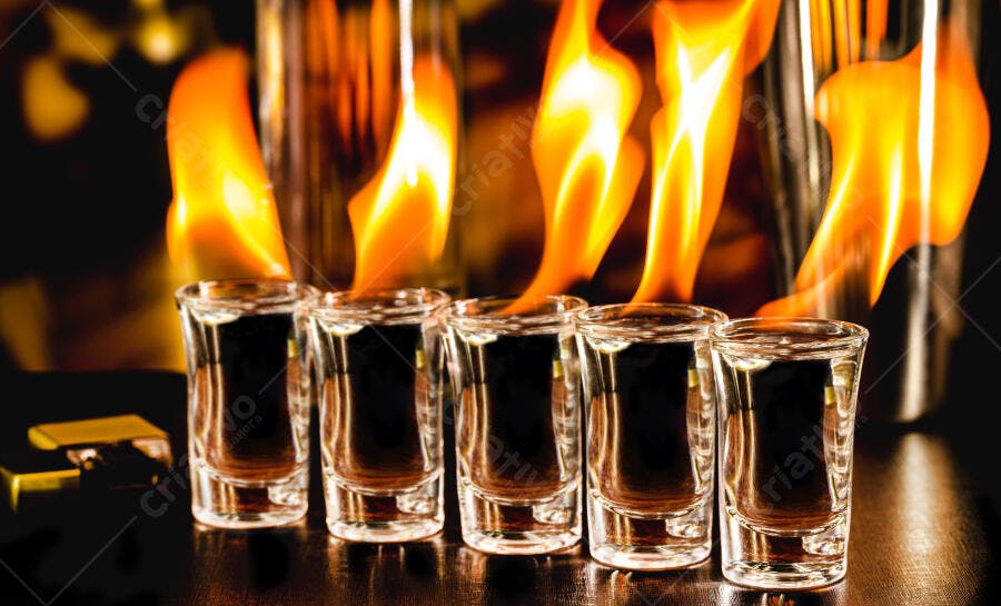 Cinco copos de shot com chamas laranja vibrantes em um bar escuro festivo