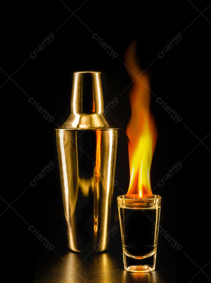Coquetel flamejante com shaker dourado e shot em chamas dramático