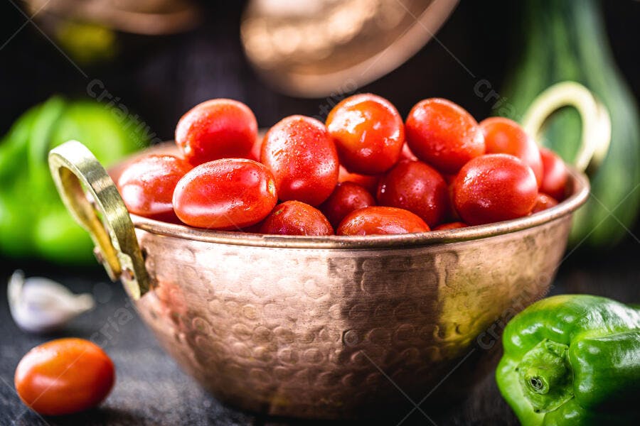 Tomates cereja frescos em tigela de cobre com pimentão verde e alho em fundo rústico