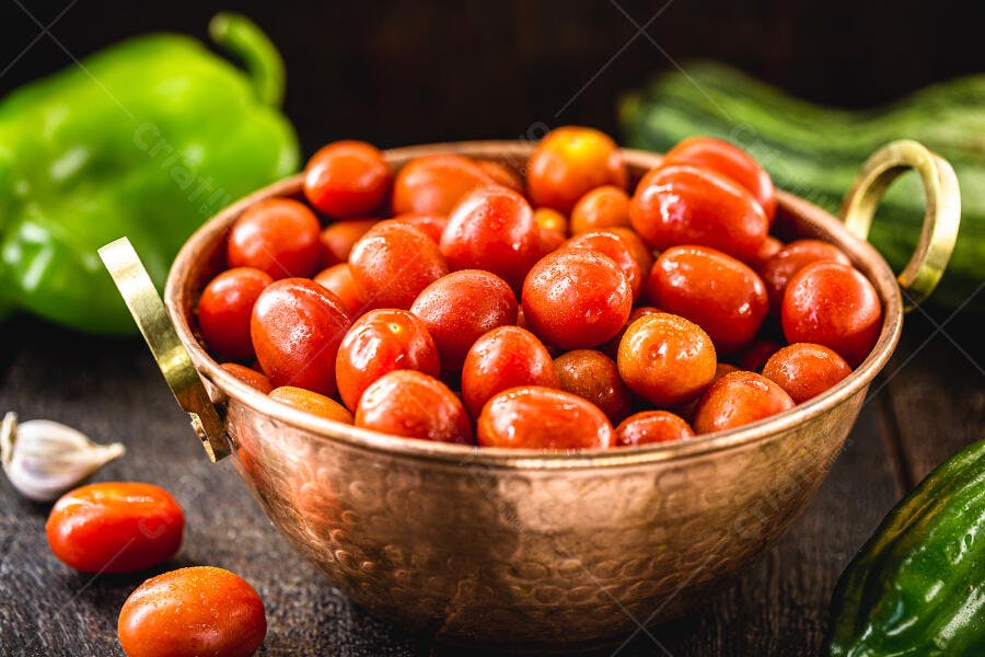 Tomates cereja frescos em tigela de cobre com pimentão verde e alho na mesa rústica