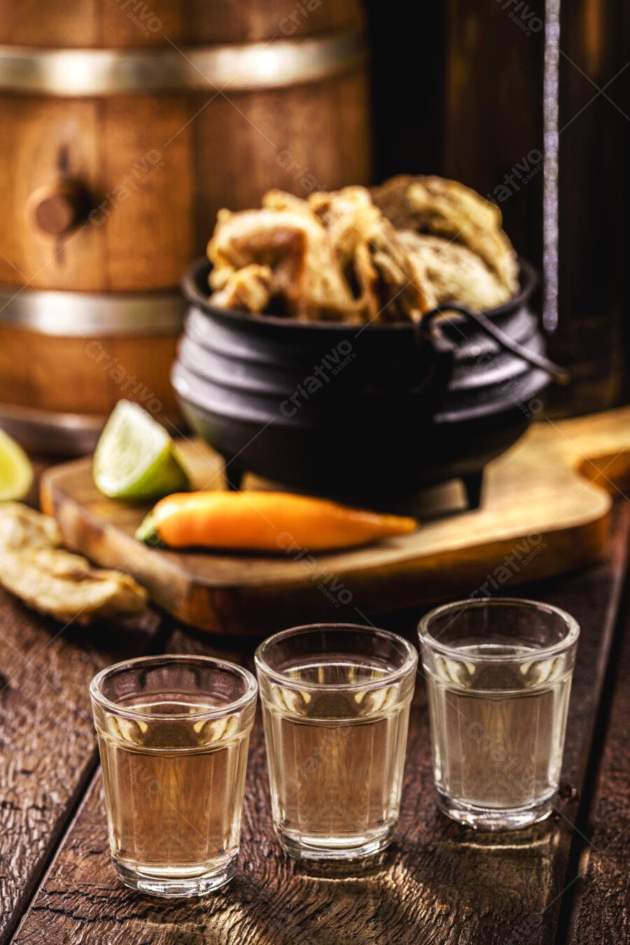 Três doses de cachaça em mesa rústica com petiscos e pimenta