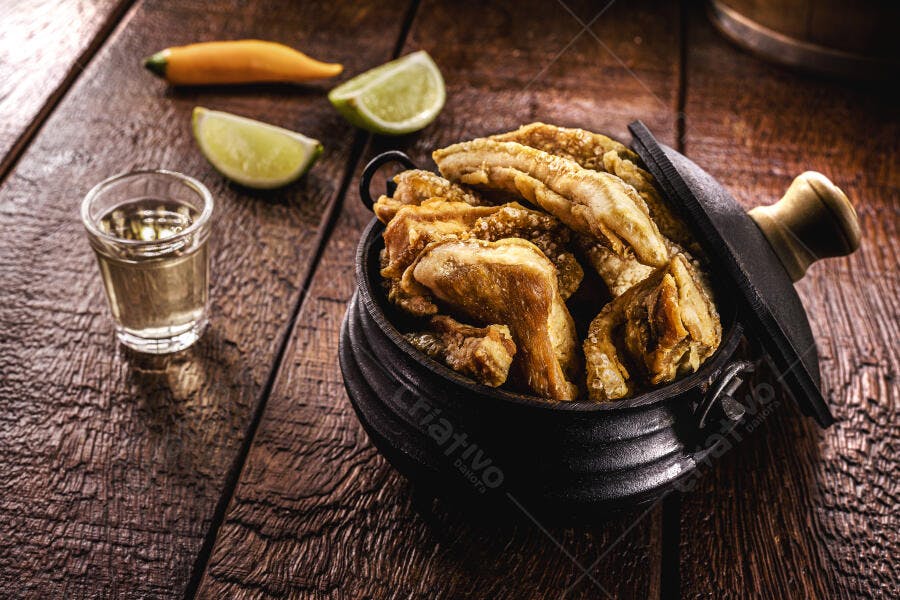 Torresmo crocante em panela de barro com cachaça e limão na mesa rústica