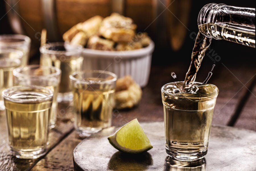 Dose de cachaça sendo servida com limão e petiscos em mesa de madeira rústica