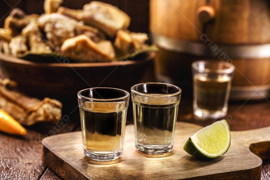 Cachaça brasileira dourada em copos shot com limão e torresmo na tábua rústica