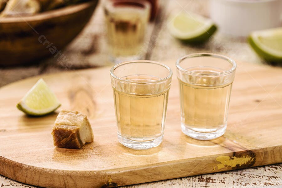 Cachaça ou tequila em copos de shot com torresmo e limão na tábua de madeira