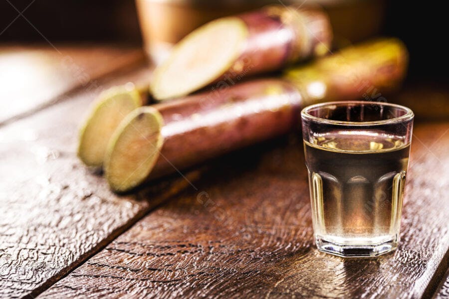 Copo de cachaça amarela com cana-de-açúcar fatiada em mesa rústica de madeira