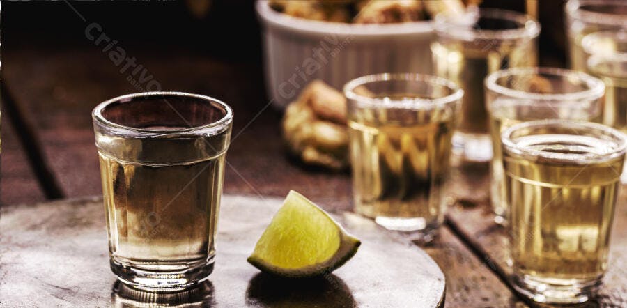 Tequila shots dourados com limão e petiscos em mesa de madeira rústica