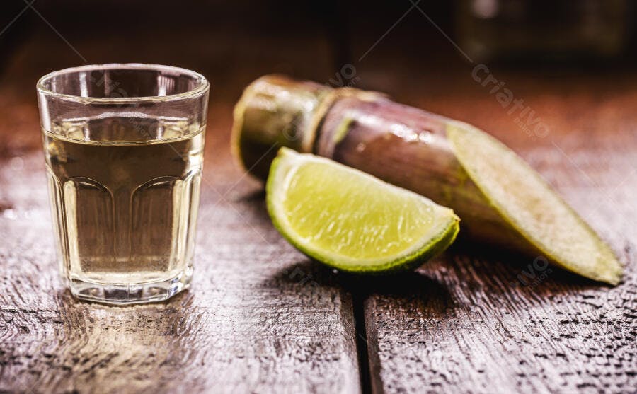 Copo de cachaça com limão verde e cana de açúcar em mesa rústica