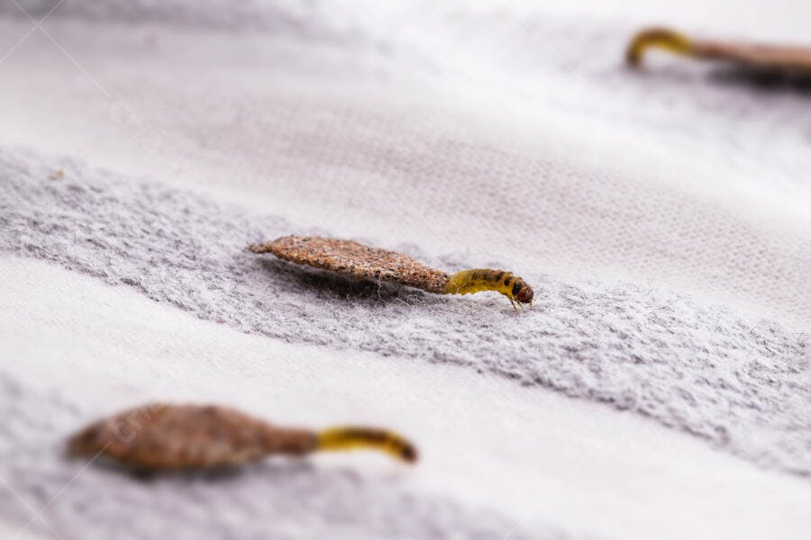 Larva de traça da roupa amarela com casulo marrom em tecido cinza claro