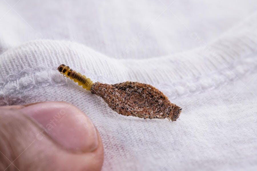 Traça de roupa larva amarela emergindo de casulo marrom em tecido branco