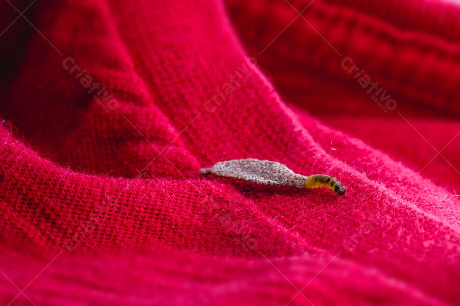 Lagarta amarela sobre tecido vermelho de lã em close-up