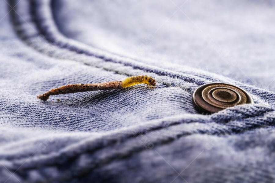 Lagarta amarela em prego enferrujado sobre tecido jeans azul com botão