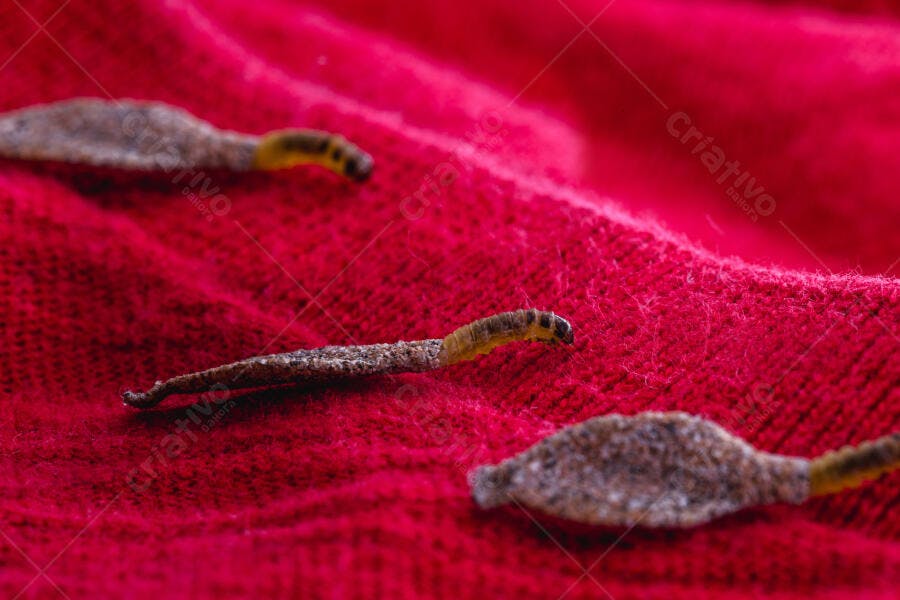 Lagartas de saco marrons e amarelas sobre tecido de lã vermelho vibrante