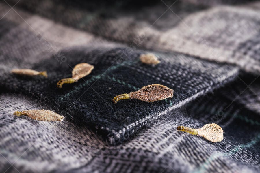 Larvas de traça de roupa em camisa xadrez escura infestação de pragas em tecido