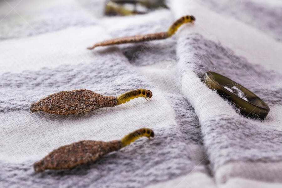 Larvas de traça amarela marrom em tecido de lã cinza e branco com botão